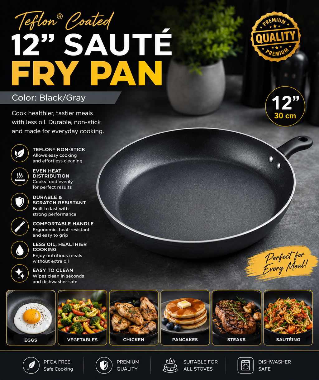 Teflon Coated 12” Sauté Fry Pan – Black/Gray